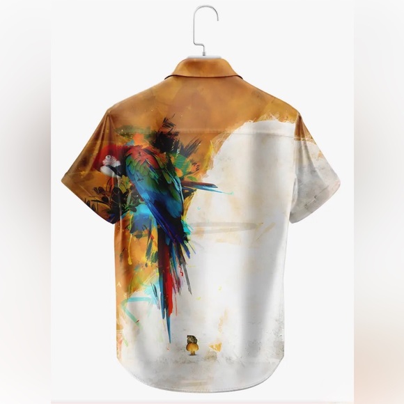 Parrot Splash Print Short Sleeve White Shirt w Lapel Collar (2XL) - Picture 10 of 10